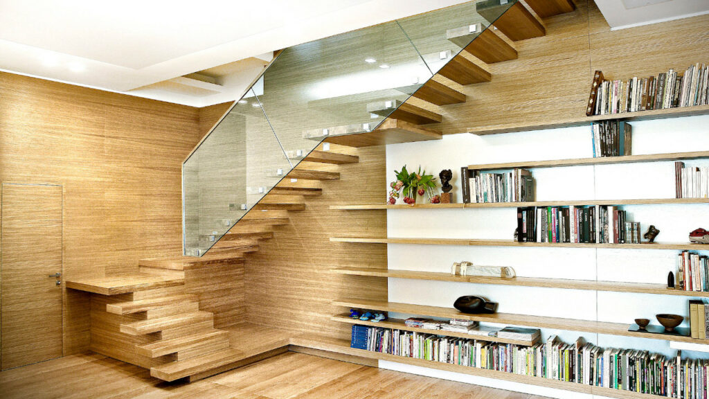 Oak staircase with glass for interior