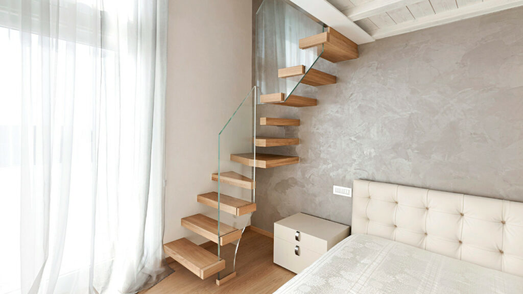 Suspended wooden staircase